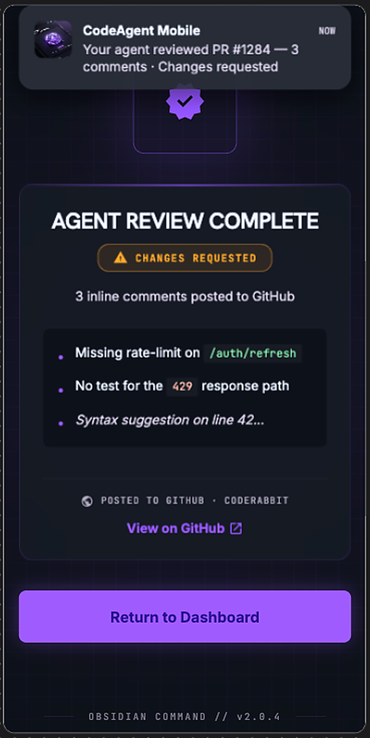 An agent's PR review on the phone — changes requested, comments posted to GitHub