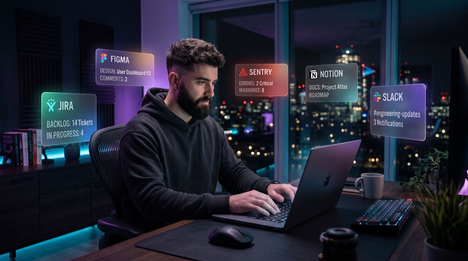 A developer at a laptop with Jira, Figma, Sentry, Notion and Slack cards floating around