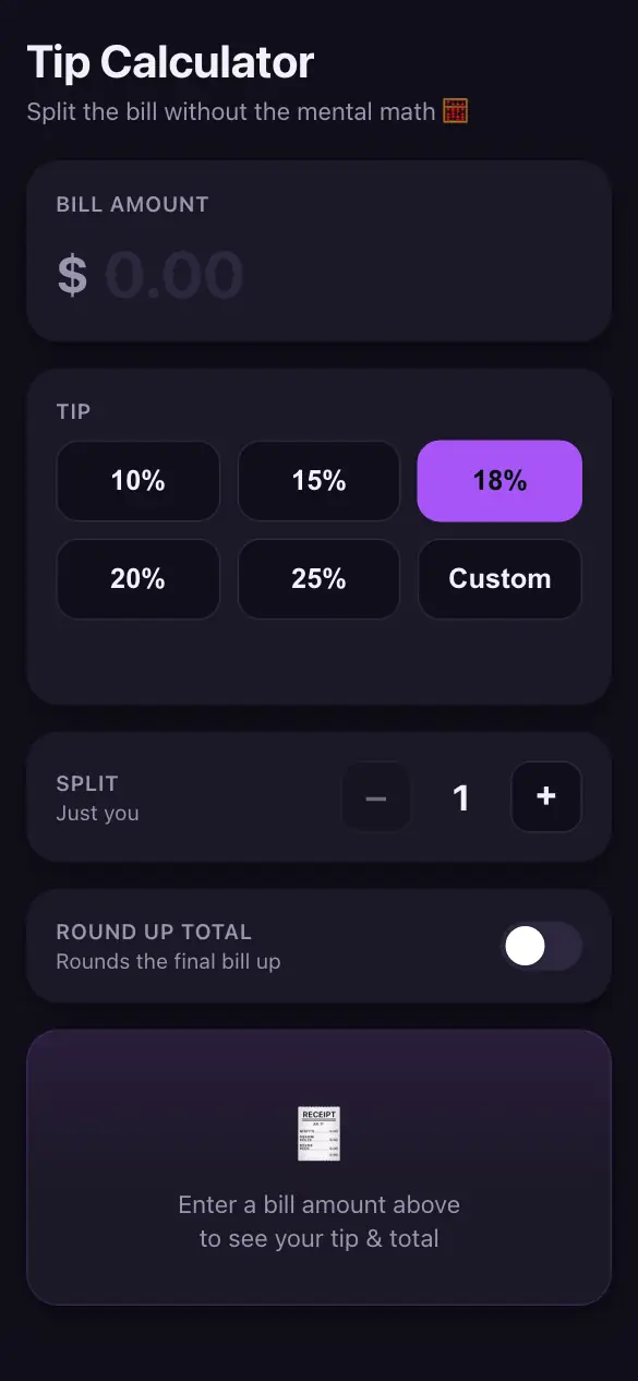 Tip Calculator, remixed: dark and purple, with a tagline