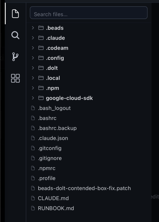 The file explorer listing the workspace tree with folders and files and a "Search files…" box