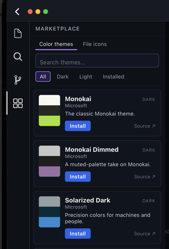 The Marketplace panel with Color themes and File icons tabs and installable themes like Monokai and Solarized Dark