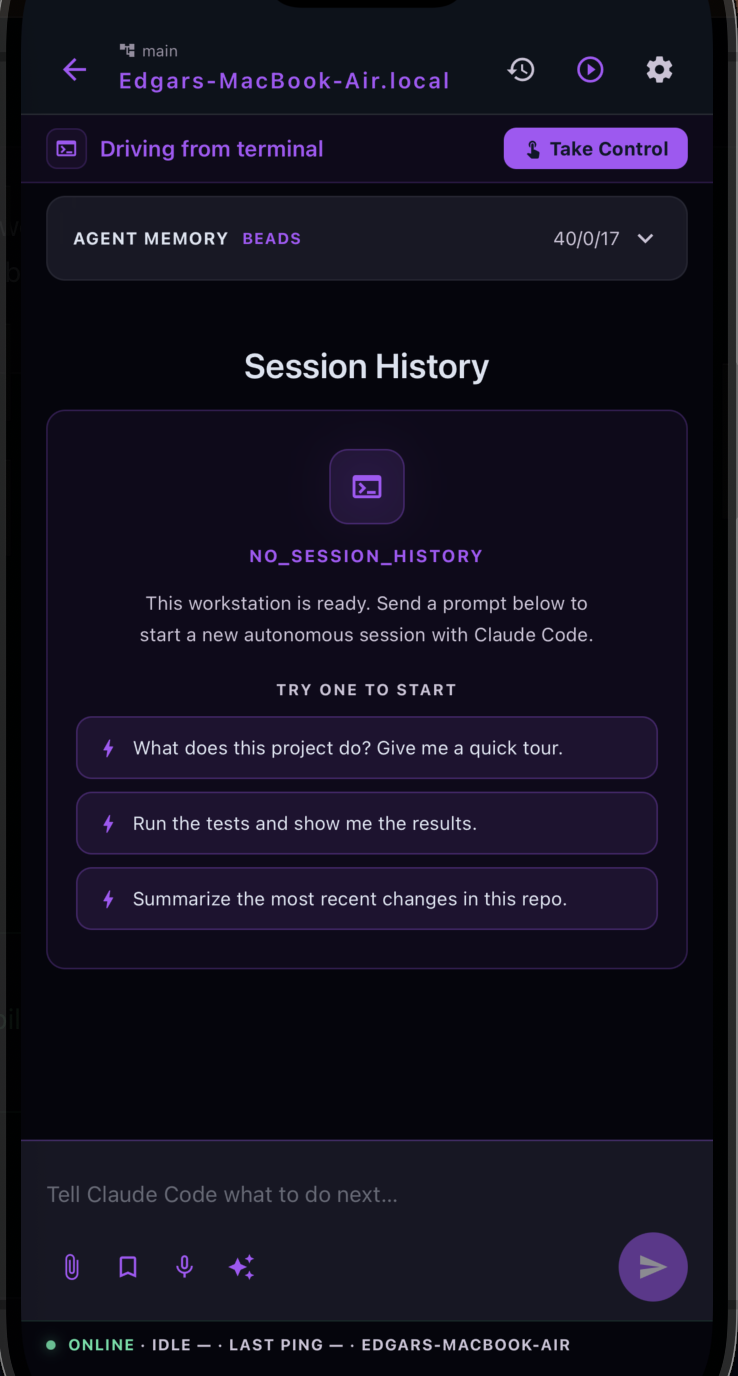 The CodeAgent Mobile app supervising the same local session with a Take Control button