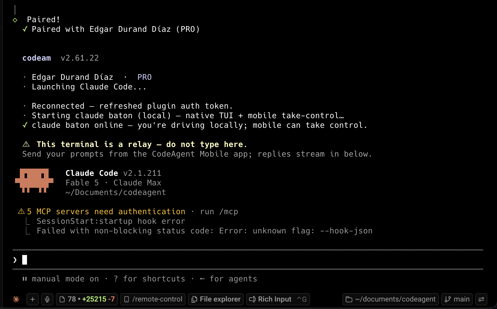 The codeam CLI paired in a local terminal, launching Claude Code as a relay