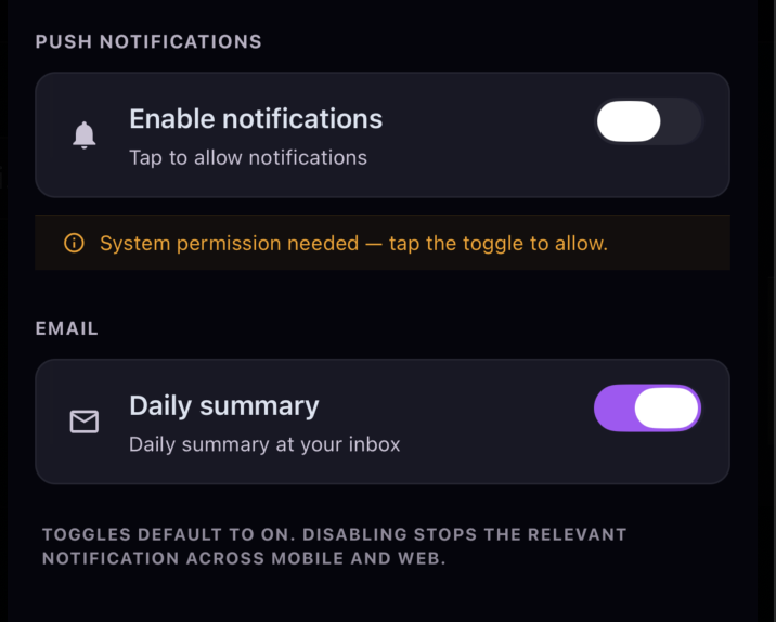 Notifications settings showing the push enable toggle with a "System permission needed" hint, and an EMAIL section with a Daily summary toggle